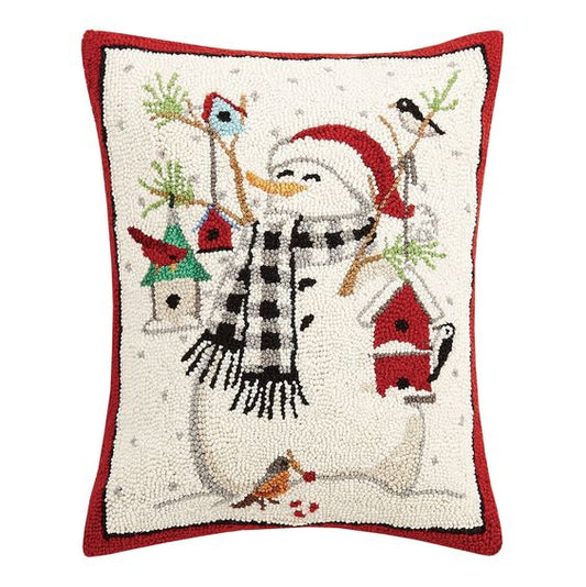 Snowman with Birds Wool Hooked Pillow Large 16"x 20"