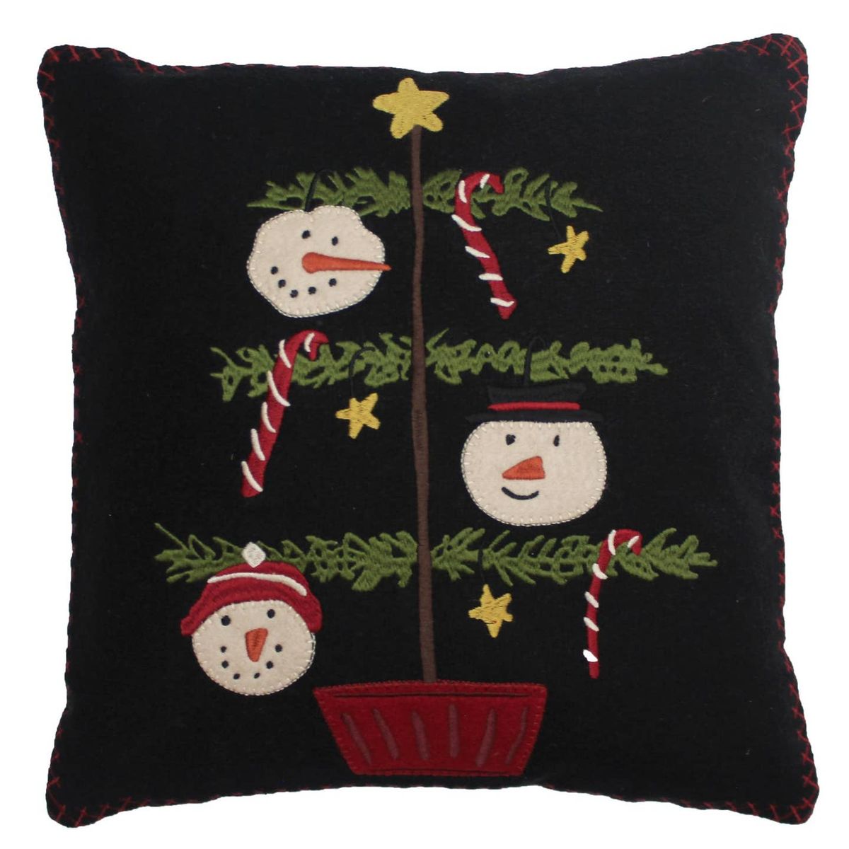 Primitive Snowmen and Tree Wool Felt Pillow 14"x14"
