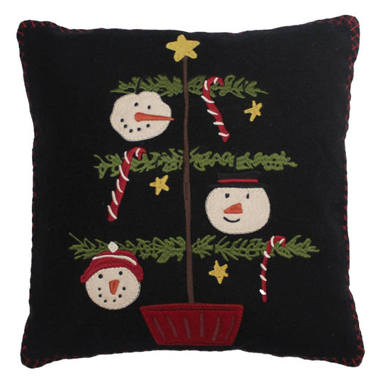 Primitive Snowmen and Tree Wool Felt Pillow 14"x14"