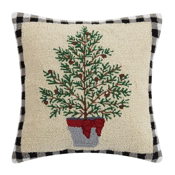 Balsam Winter Primitive Tree Wool Hooked Pillow 18"x18"