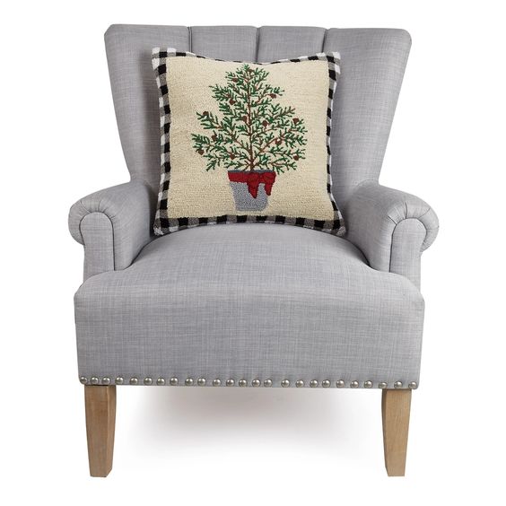 Balsam Winter Primitive Tree Wool Hooked Pillow 18"x18"