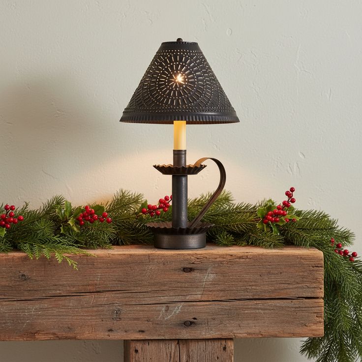 Primitive Plantation Candlestick Lamp with Punched Tin Shade