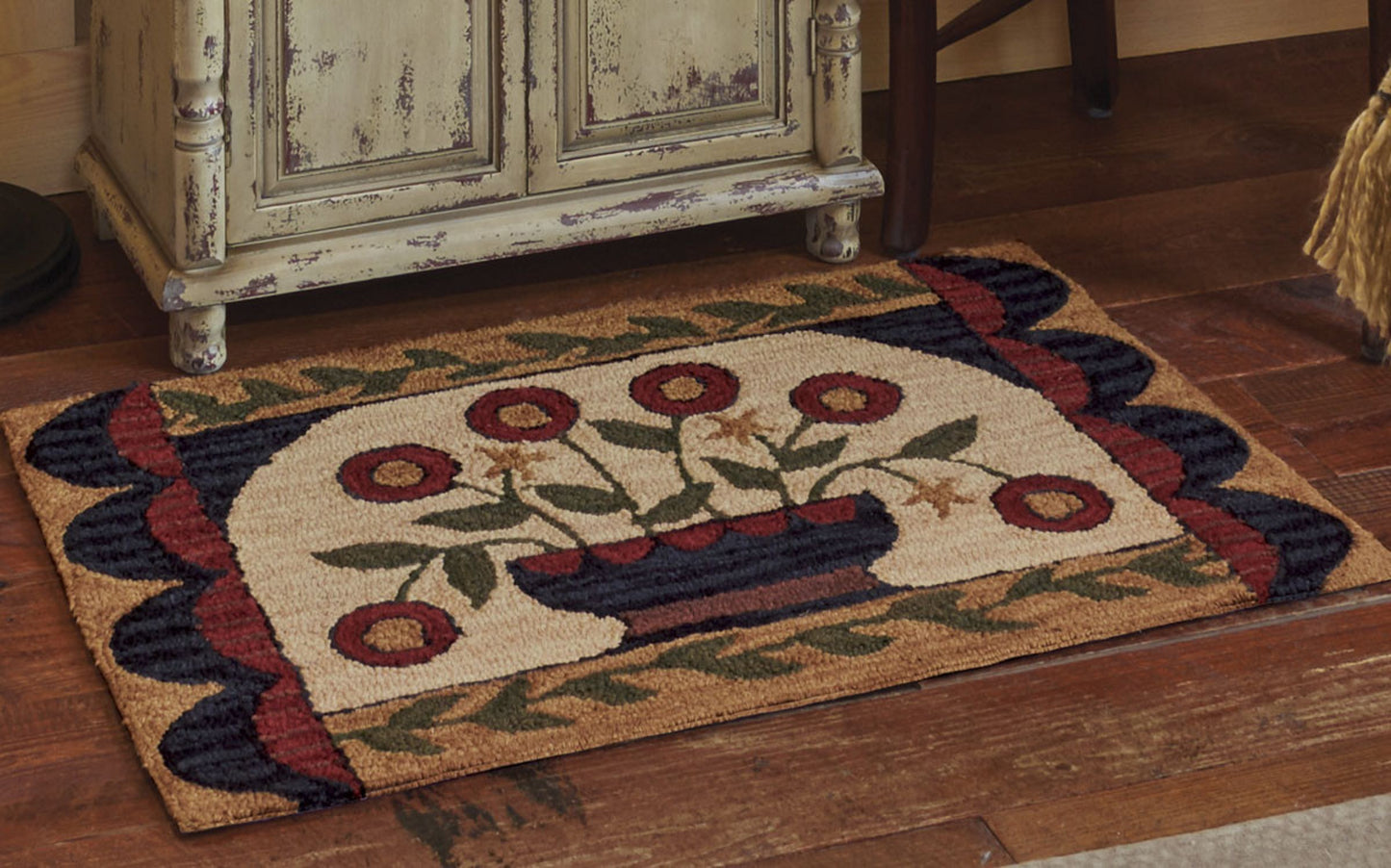 Primitive Folk Art Flower Basket Hooked Rug 2'x3'