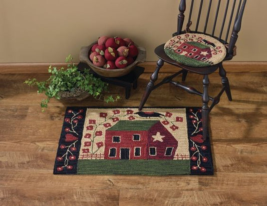 Primitive Saltbox House, Crow and Flowers Hooked Rug 24" x 36"