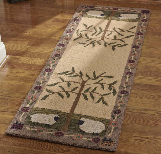 Primitive Folk Art Sheep and Willow Tree Hooked Runner Rug 2'x6'