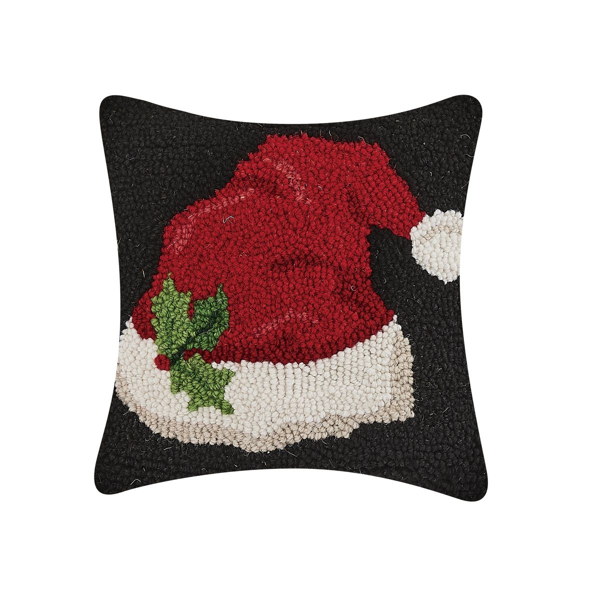Primitive Santa Hat with Holly Leaf Hooked Pillow 10"x 10"