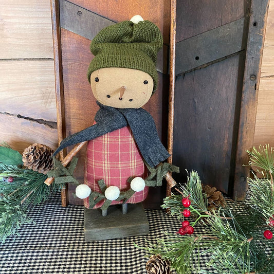 Primitive Snowman Doll with Wool Snowball Garland