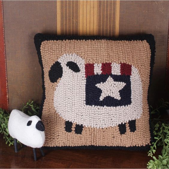 Hooked Primitive Sheep with Flag Pillow and Insert. 14"x14"