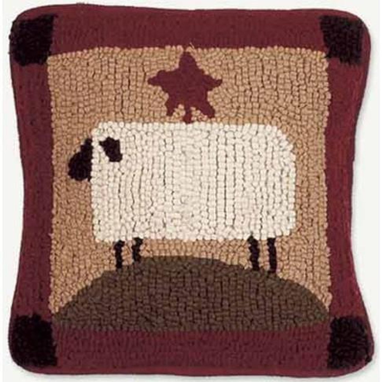 Primitive Wool Hooked Sheep Pillow 14"x14"