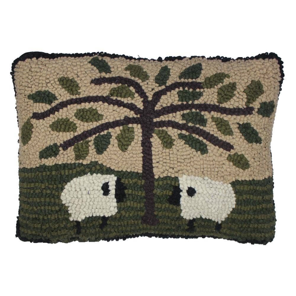 Primitive Sheep and Willow Tree Wool Hooked Pillow 14"x20"