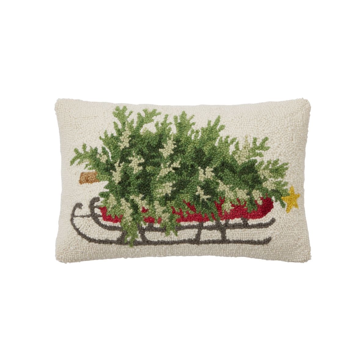Primitive Christmas Tree on a Sled Hooked Pillow 12" x 18"