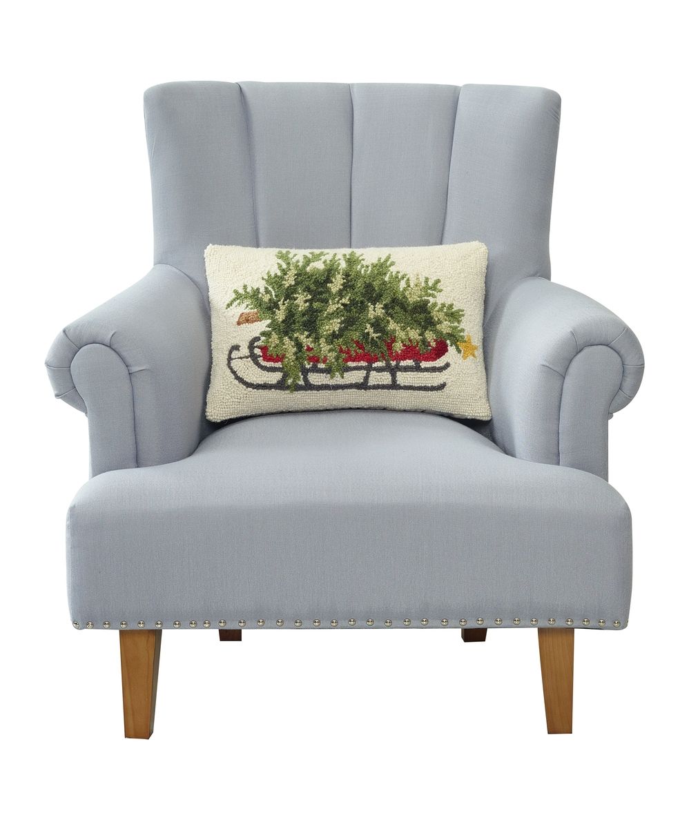 Primitive Christmas Tree on a Sled Hooked Pillow 12" x 18"