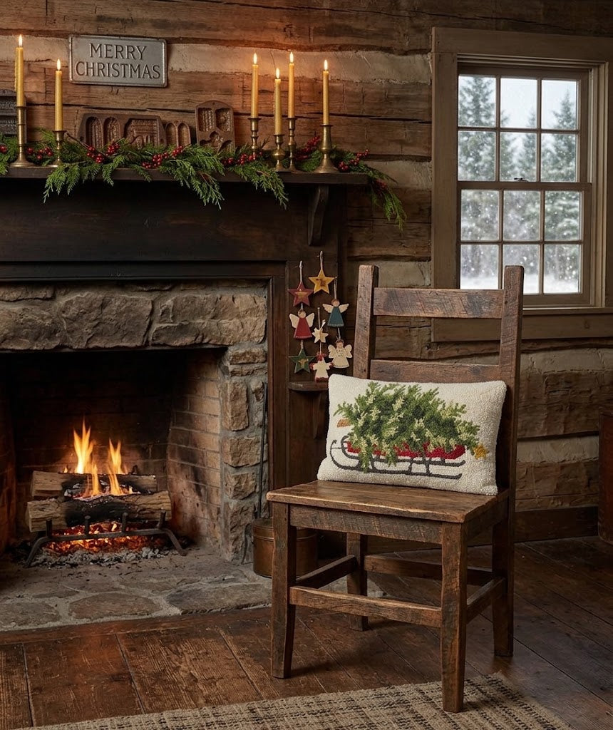 Primitive Christmas Tree on a Sled Hooked Pillow 12" x 18"