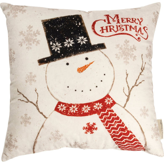 Primitive Snowman Merry Christmas Snowflake Pillow 16"x16"