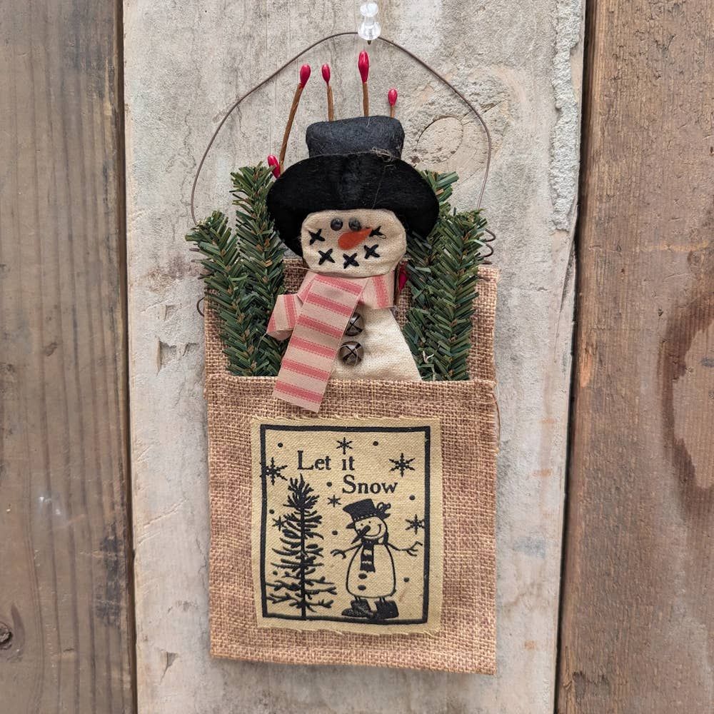 Primitive Fabric Snowman in a Bag 10" Tall