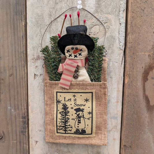 Primitive Fabric Snowman in a Bag 10" Tall