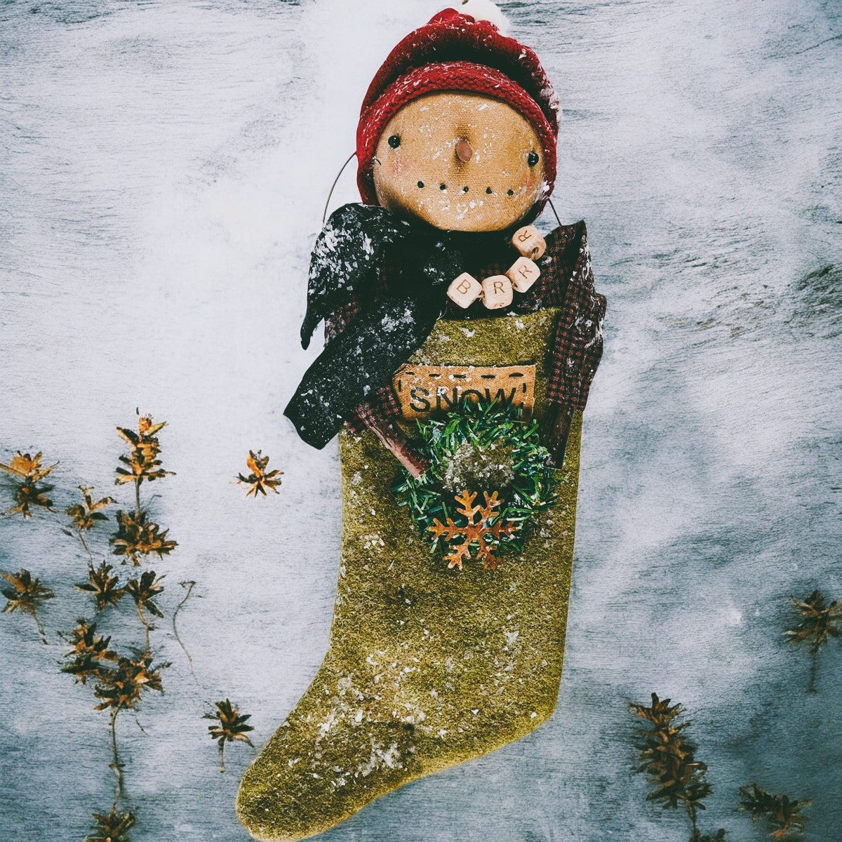 Primitive Snowy Snowman Doll in Stocking