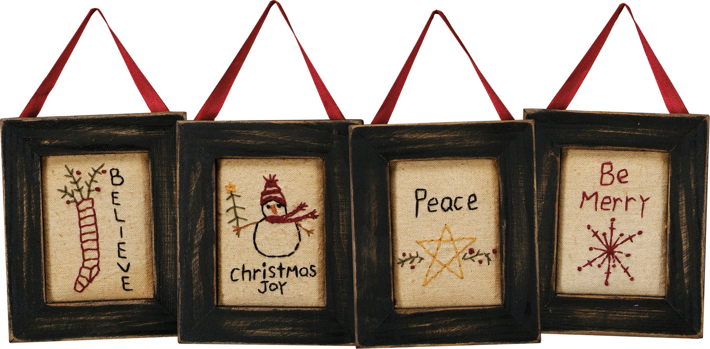 Primitive Christmas Stitchery Framed Set of 4