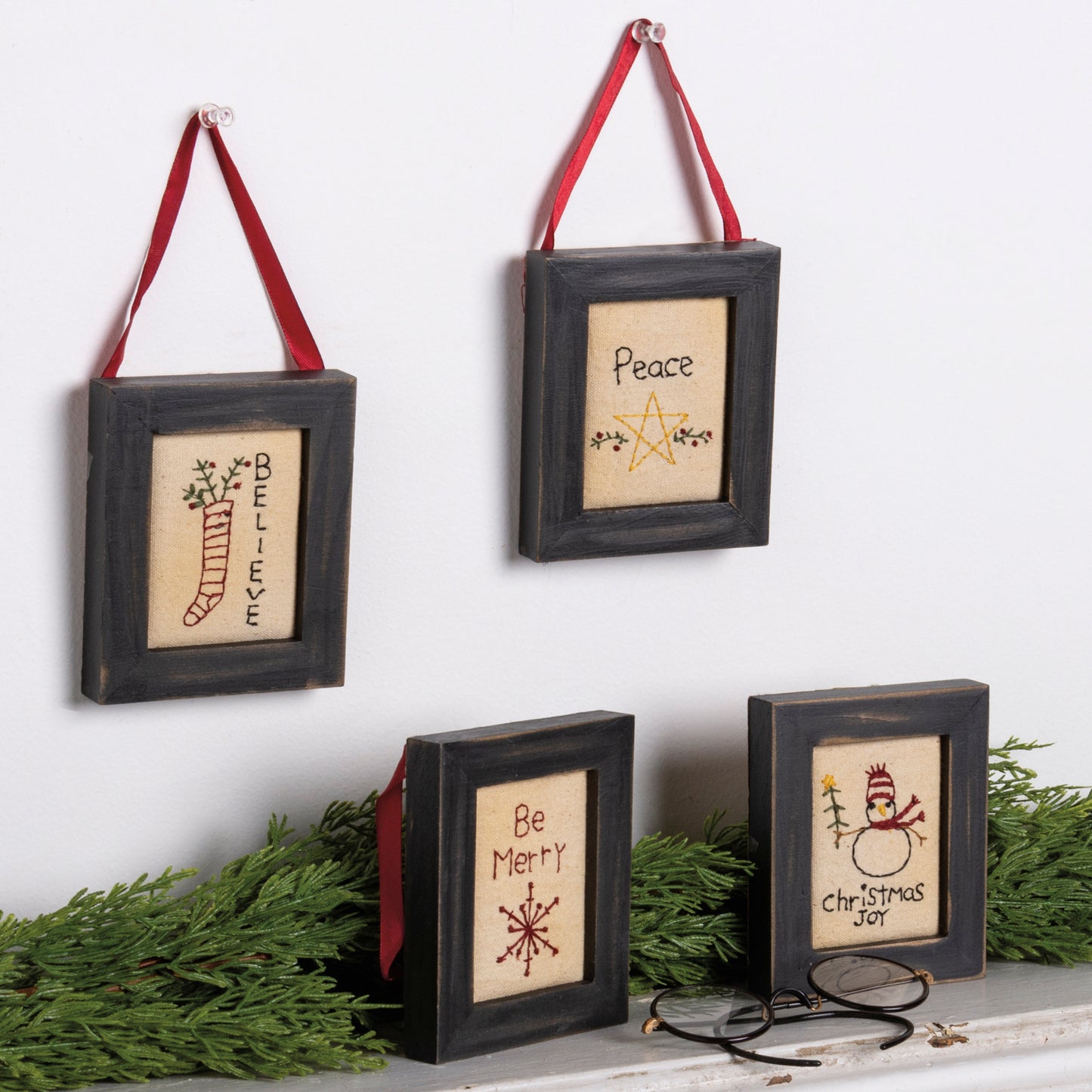 Primitive Christmas Stitchery Framed Set of 4