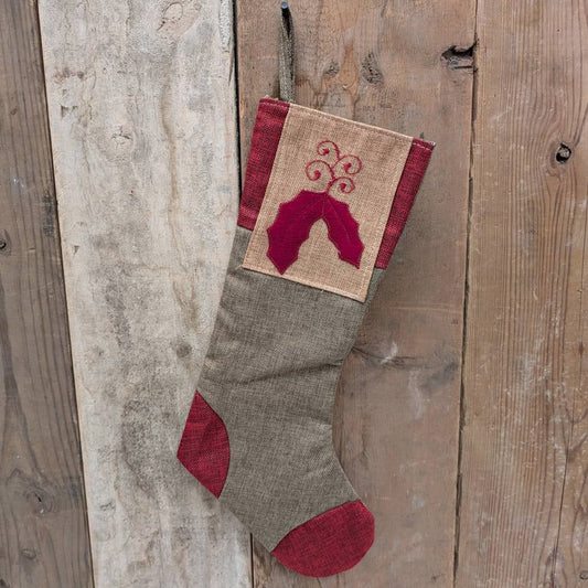 Primitive Rustic Burlap Stocking with Holly 19"