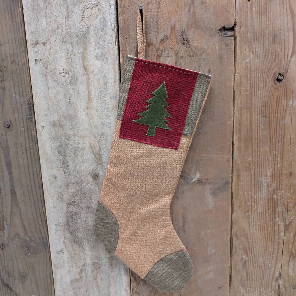Primitive Rustic Burlap Stocking with Tree 19"