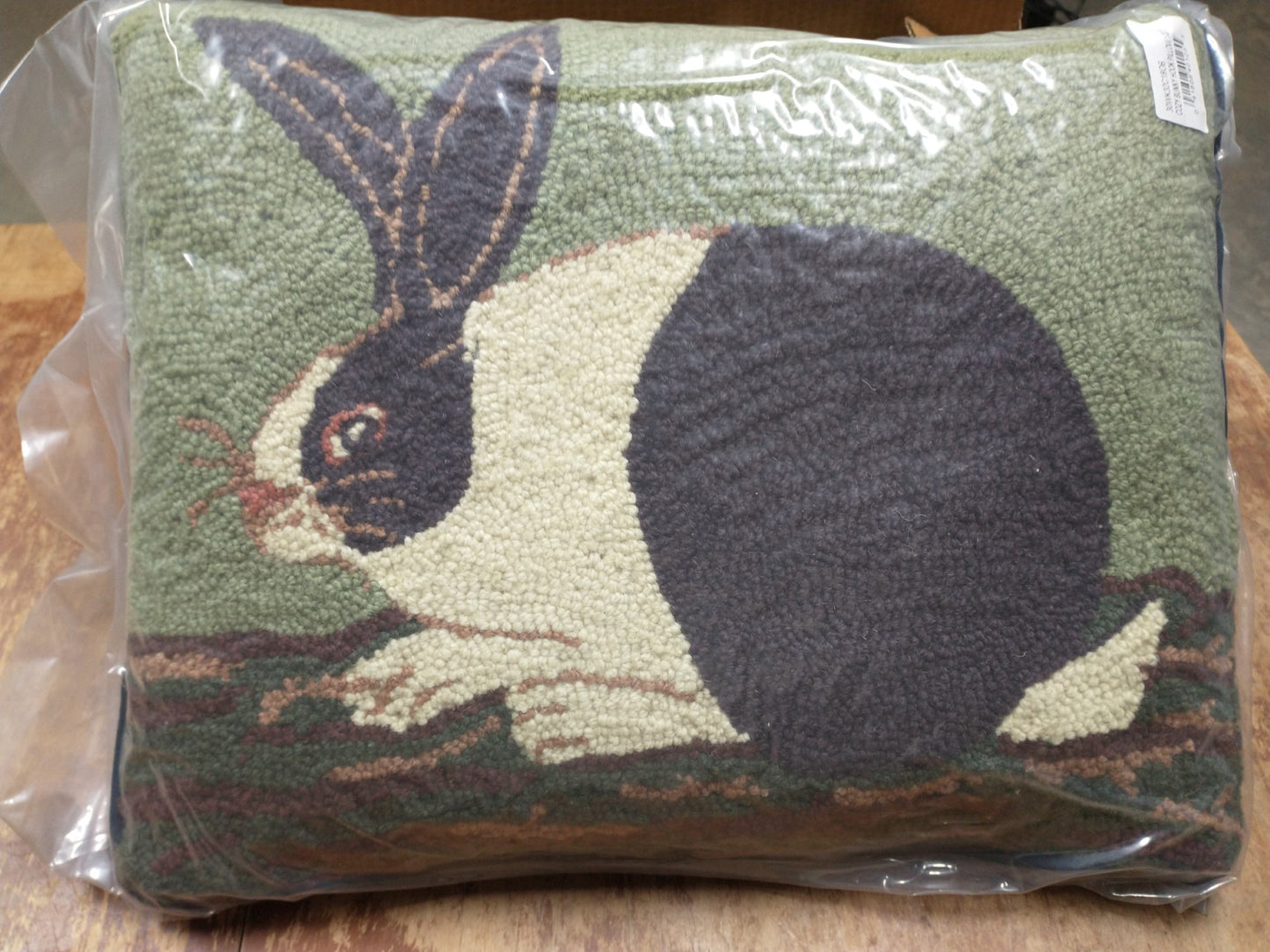 Primitive Cozy Bunny Folk Art Wool Hooked Pillow. 14"x18"