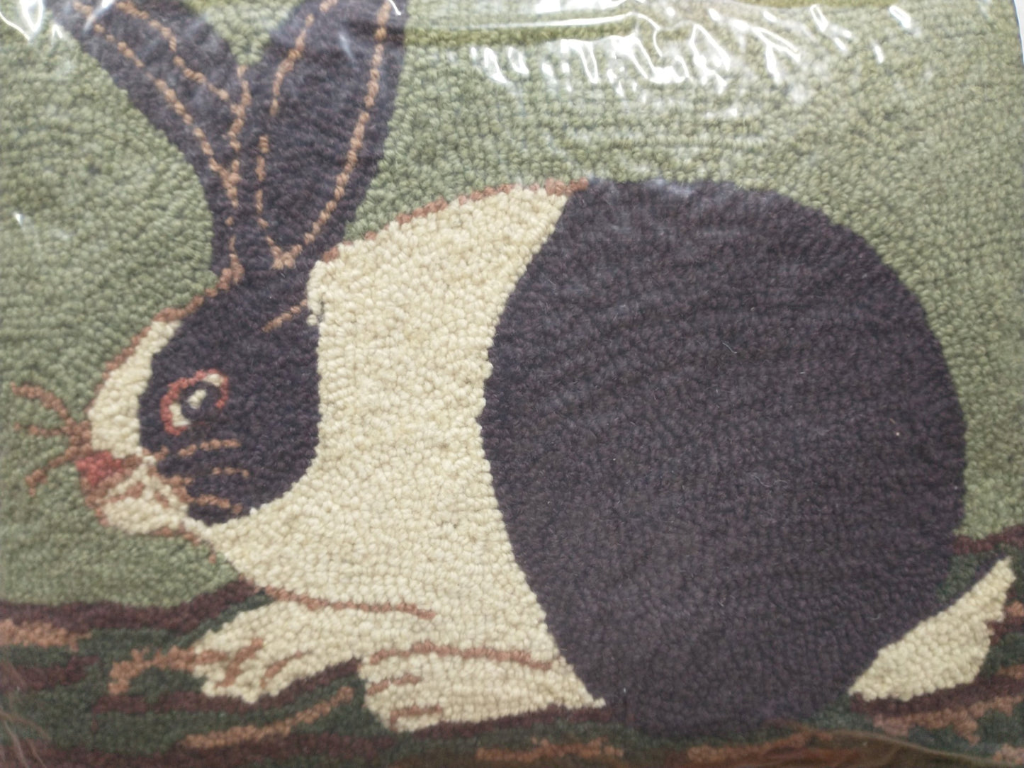 Primitive Cozy Bunny Folk Art Wool Hooked Pillow. 14"x18"