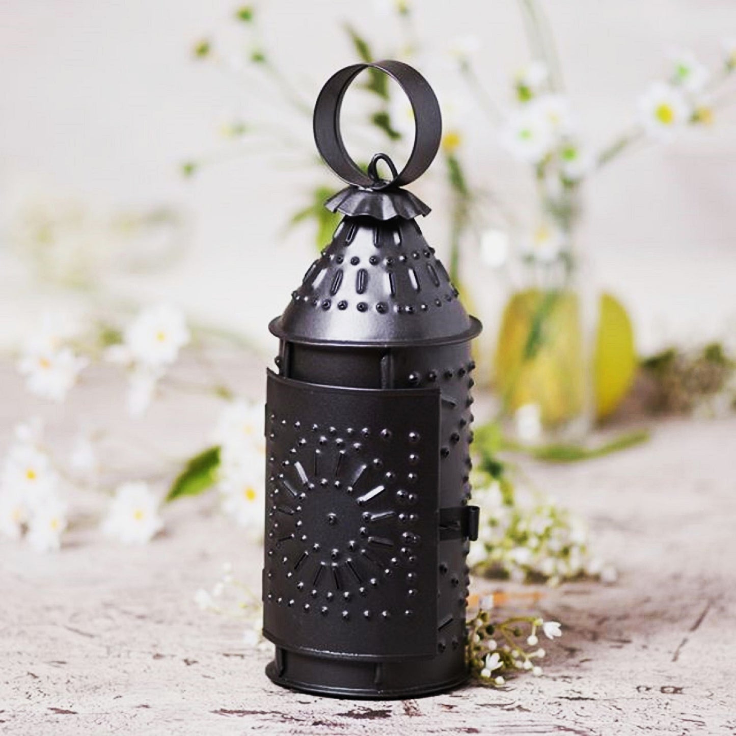 Primitive Colonial 9-Inch Revere Punched Tin Lantern Black