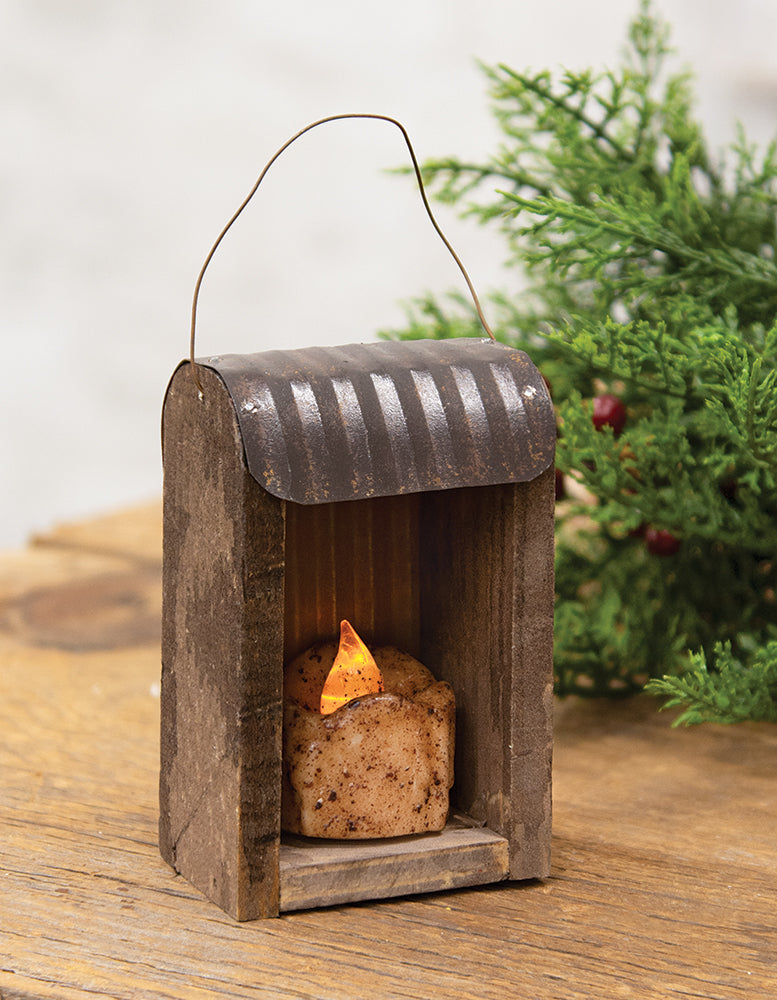 Primitive Tin Roof Tealight Hut Ornament Set/6 with Tealights