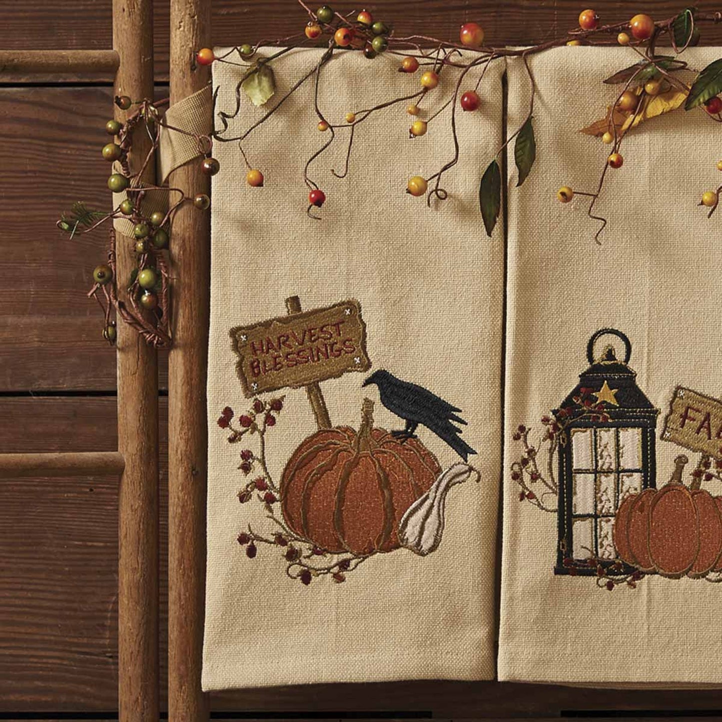 Primitive Crow and Pumpkin Embroidered Dishtowel 18"x28"